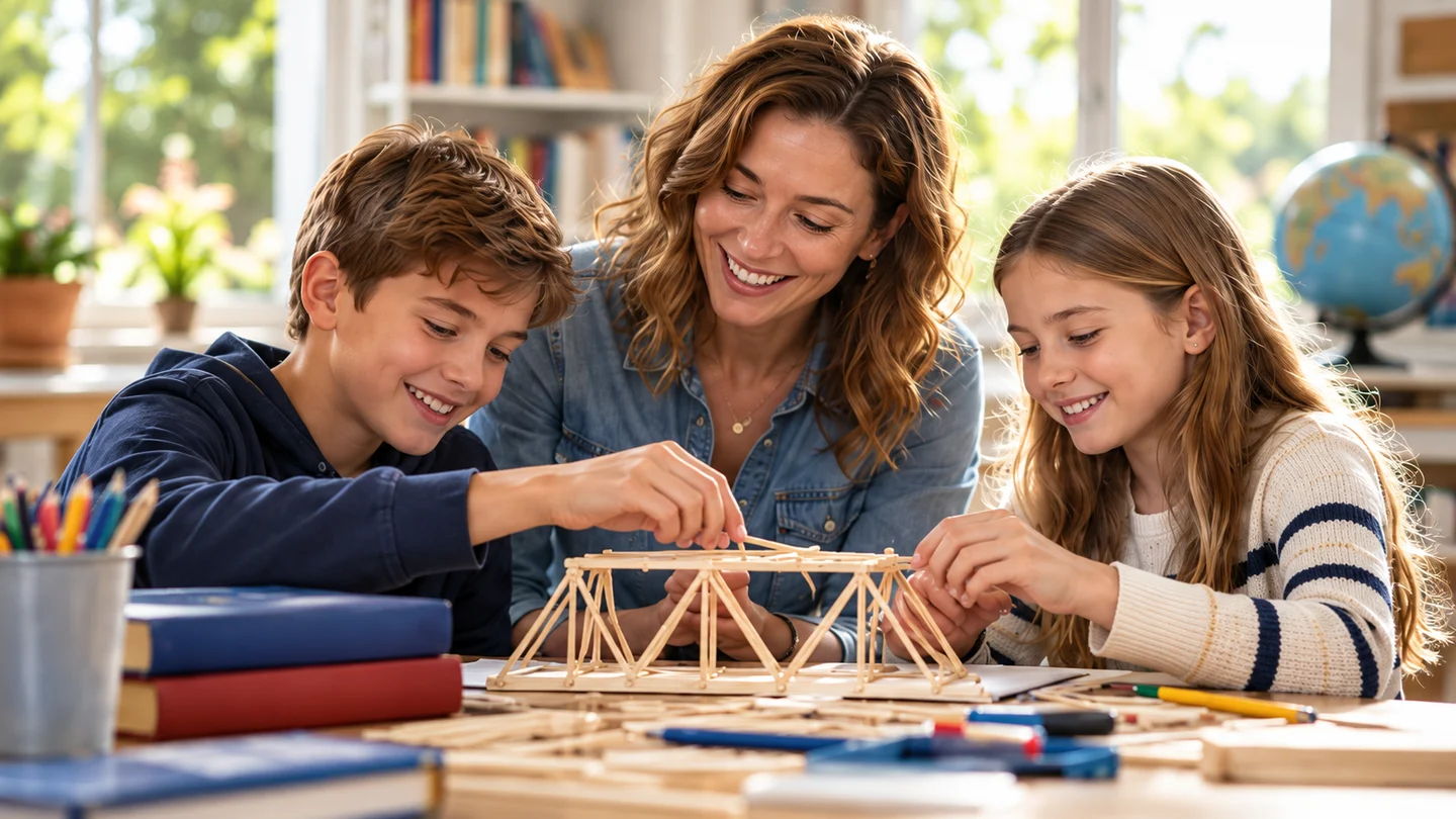 Children and an educator building a model bridge together