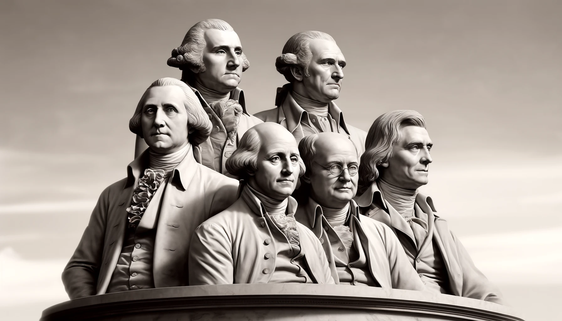 DALL·E 2024-05-12 16.12.06 - A neoclassical sculpture featuring five of America's Founding Fathers on a grand pedestal. The figures are depicted in a realistic, dignified style ty