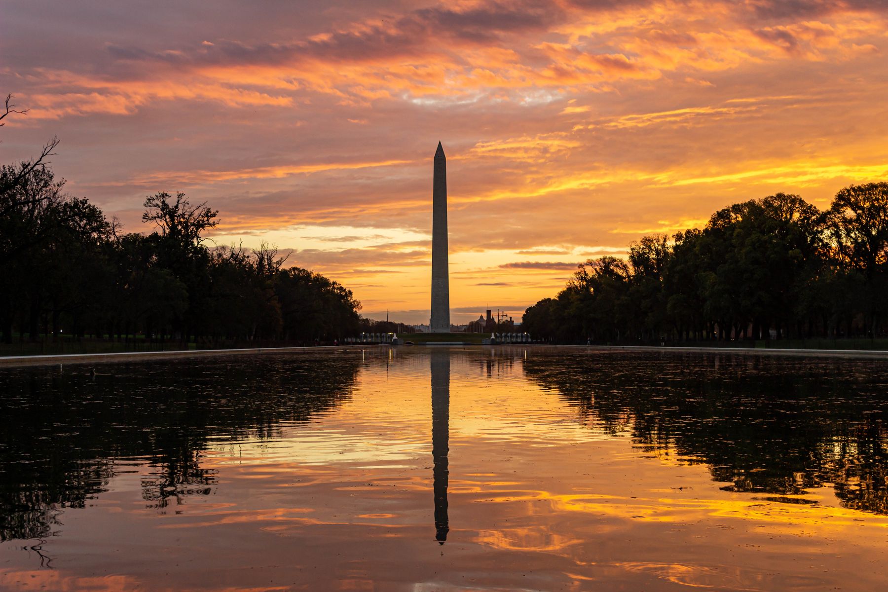 Washington Monument reflected in the water at sunset